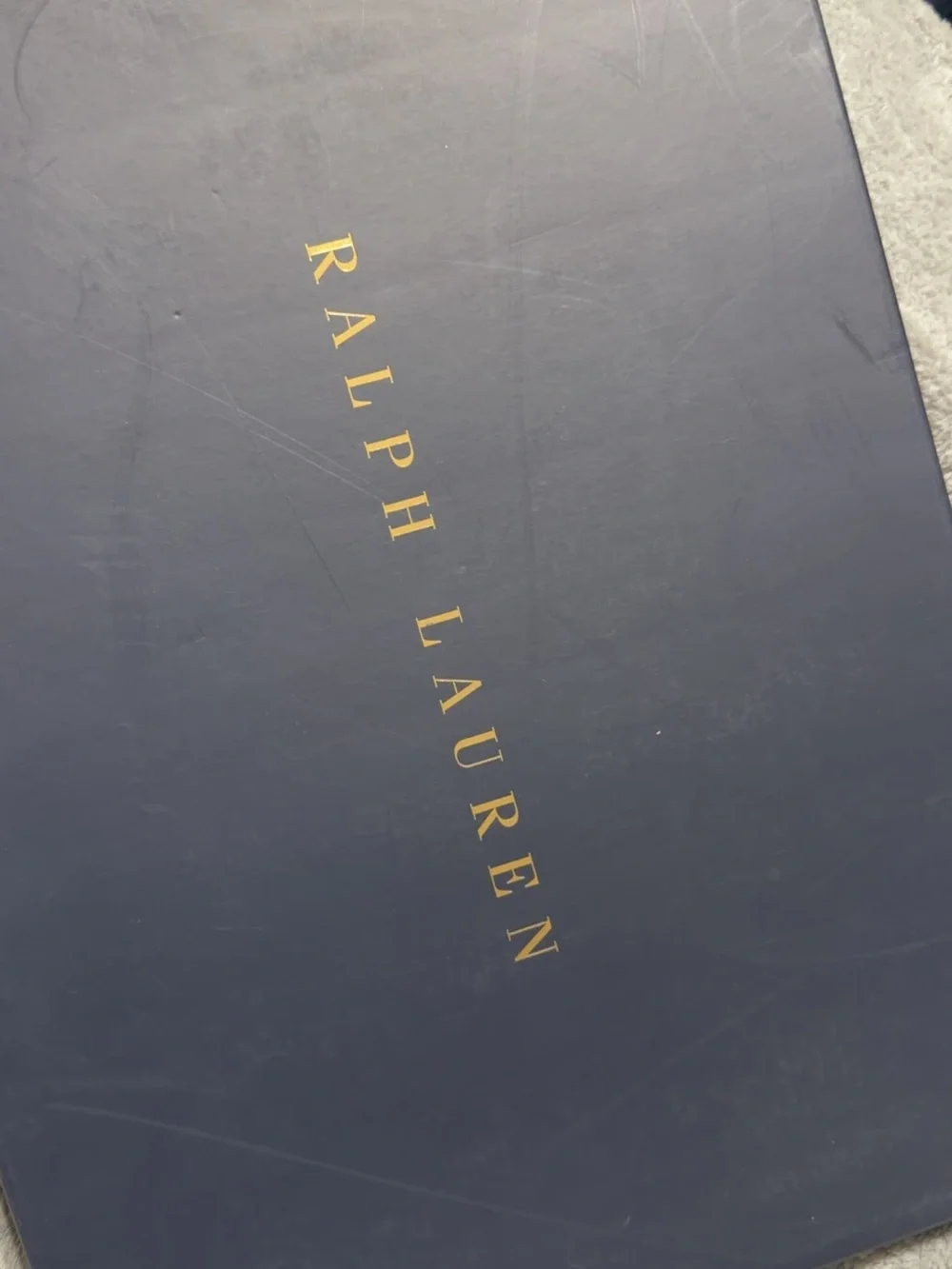 Ralph Lauren Gold Oval Tray with Navy Leather Strap Accents